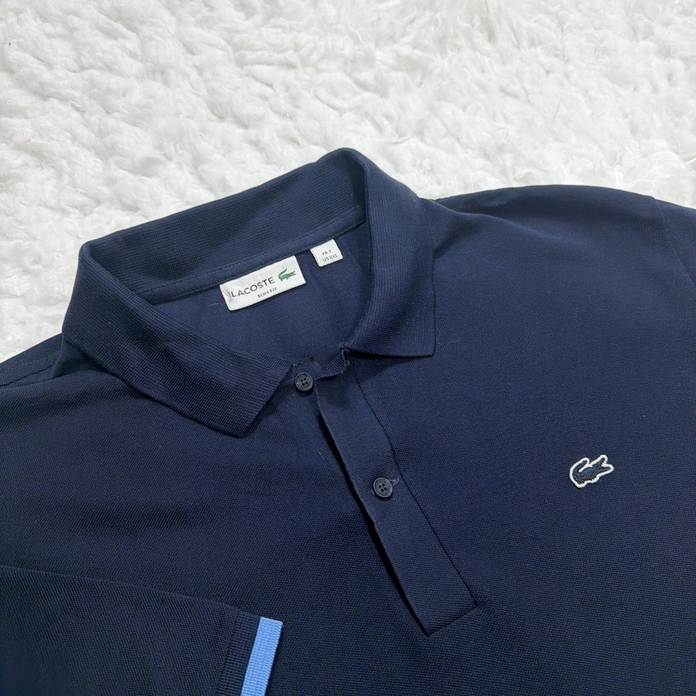 LACOSTE Pique Knit Oxford Polo Shirt Mens XXL Slim Fit Blue Striped Woven Preppy